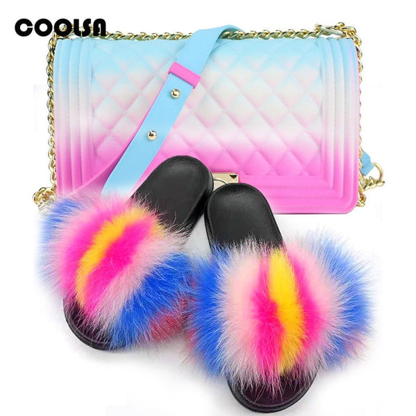 Jelly Bag Fur Slippers & Purse Set